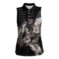 Hawaii Aloha Turtle Hibiscus and Leaves Women Sleeveless Polo Shirt with Polynesian and Kakau Tattoos Black Color - Polynesian Pride