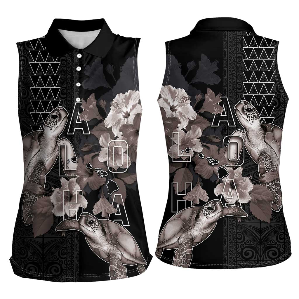Hawaii Aloha Turtle Hibiscus and Leaves Women Sleeveless Polo Shirt with Polynesian and Kakau Tattoos Black Color - Polynesian Pride