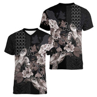 Hawaii Aloha Turtle Hibiscus and Leaves Women V-Neck T-Shirt with Polynesian and Kakau Tattoos Black Color - Polynesian Pride