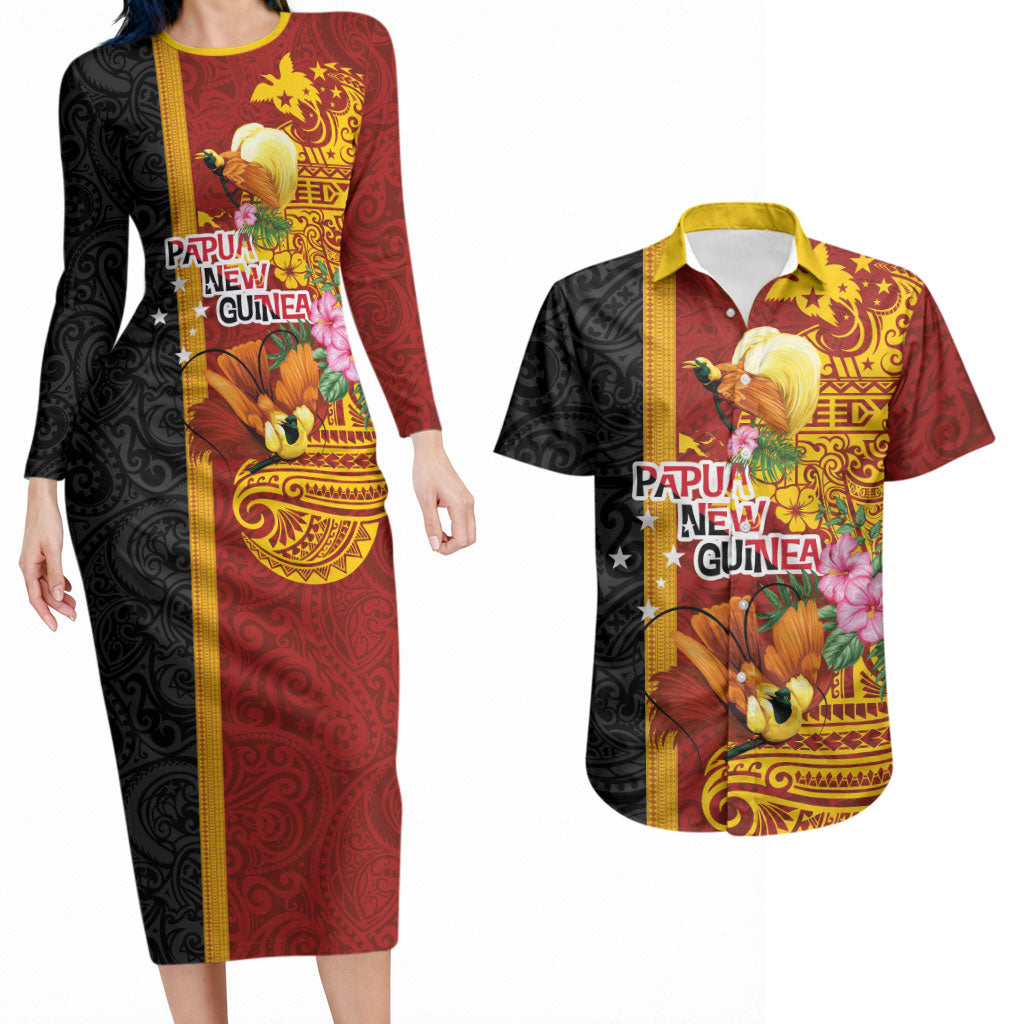Papua New Guinea Independence Day Couples Matching Long Sleeve Bodycon Dress and Hawaiian Shirt Birds-of-Paradise Melanesian Tattoos Tropical Plants