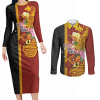 Papua New Guinea Independence Day Couples Matching Long Sleeve Bodycon Dress and Long Sleeve Button Shirt Birds-of-Paradise Melanesian Tattoos Tropical Plants
