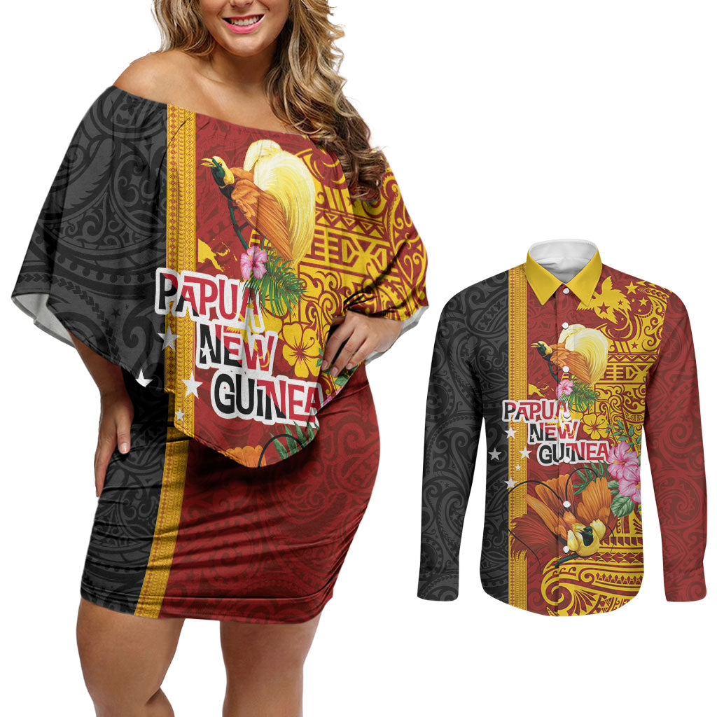 Papua New Guinea Independence Day Couples Matching Off Shoulder Short Dress and Long Sleeve Button Shirt Birds-of-Paradise Melanesian Tattoos Tropical Plants