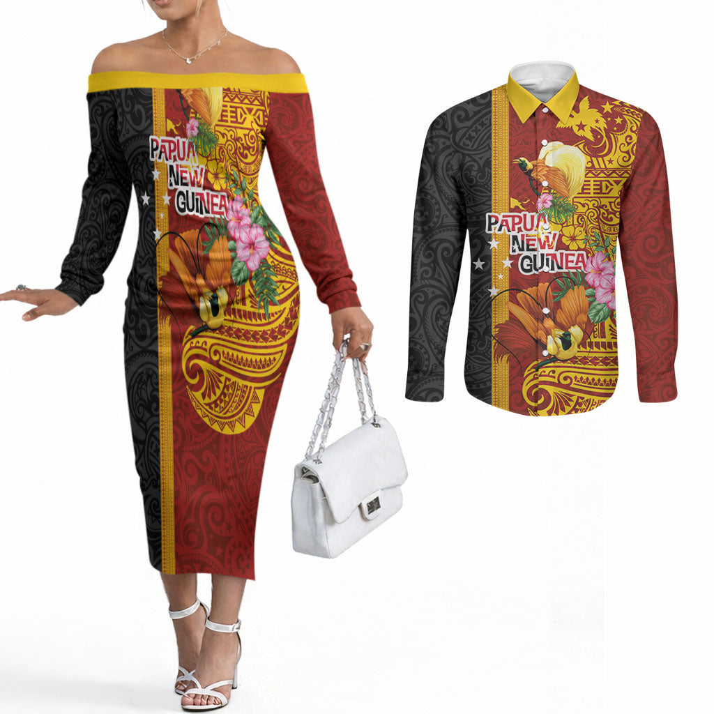 Papua New Guinea Independence Day Couples Matching Off The Shoulder Long Sleeve Dress and Long Sleeve Button Shirt Birds-of-Paradise Melanesian Tattoos Tropical Plants