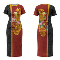 Papua New Guinea Independence Day Couples Matching Short Sleeve Bodycon Dress and Hawaiian Shirt Birds-of-Paradise Melanesian Tattoos Tropical Plants