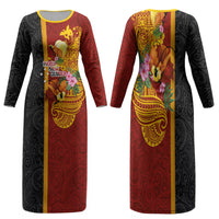 Papua New Guinea Independence Day Family Matching Long Sleeve Bodycon Dress and Hawaiian Shirt Birds-of-Paradise Melanesian Tattoos Tropical Plants