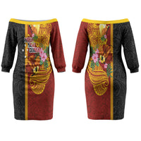 Papua New Guinea Independence Day Family Matching Off The Shoulder Long Sleeve Dress and Hawaiian Shirt Birds-of-Paradise Melanesian Tattoos Tropical Plants