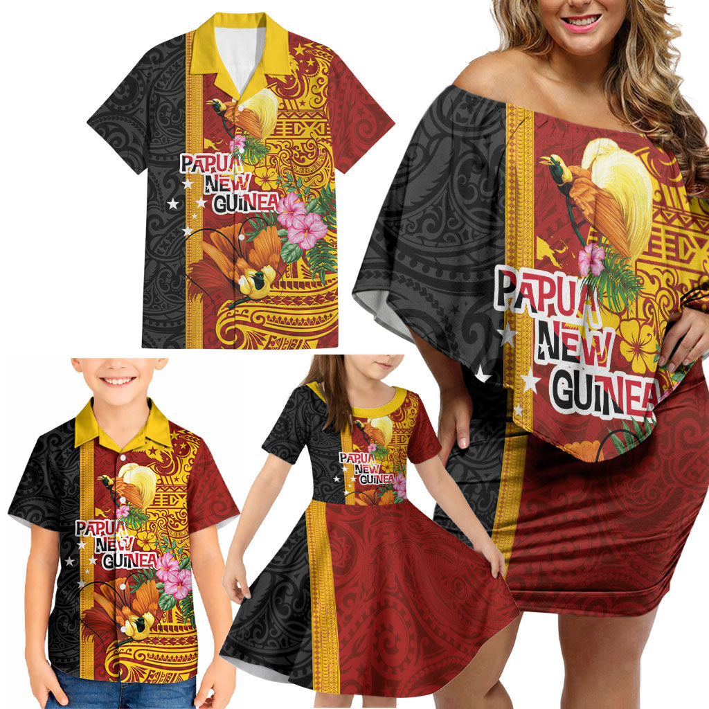 Papua New Guinea Independence Day Family Matching Off Shoulder Short Dress and Hawaiian Shirt Birds-of-Paradise Melanesian Tattoos Tropical Plants LT03 - Polynesian Pride