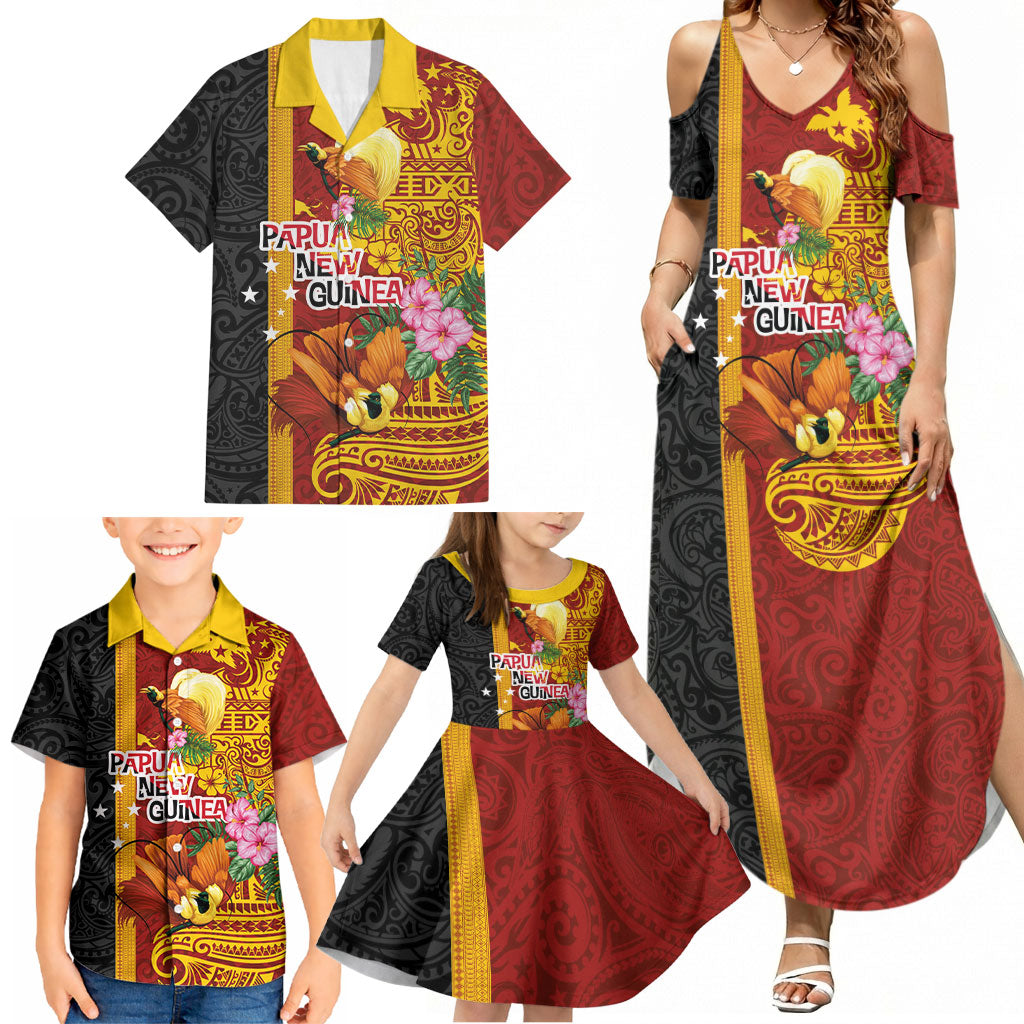 Papua New Guinea Independence Day Family Matching Summer Maxi Dress and Hawaiian Shirt Birds-of-Paradise Melanesian Tattoos Tropical Plants