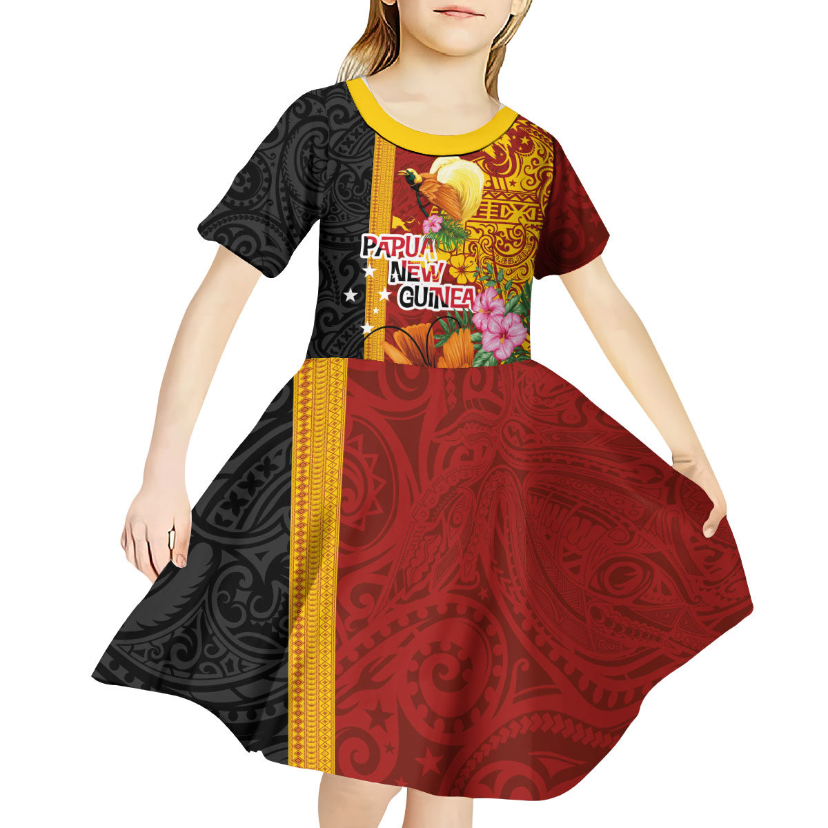 Papua New Guinea Independence Day Kid Short Sleeve Dress Birds-of-Paradise Melanesian Tattoos Tropical Plants