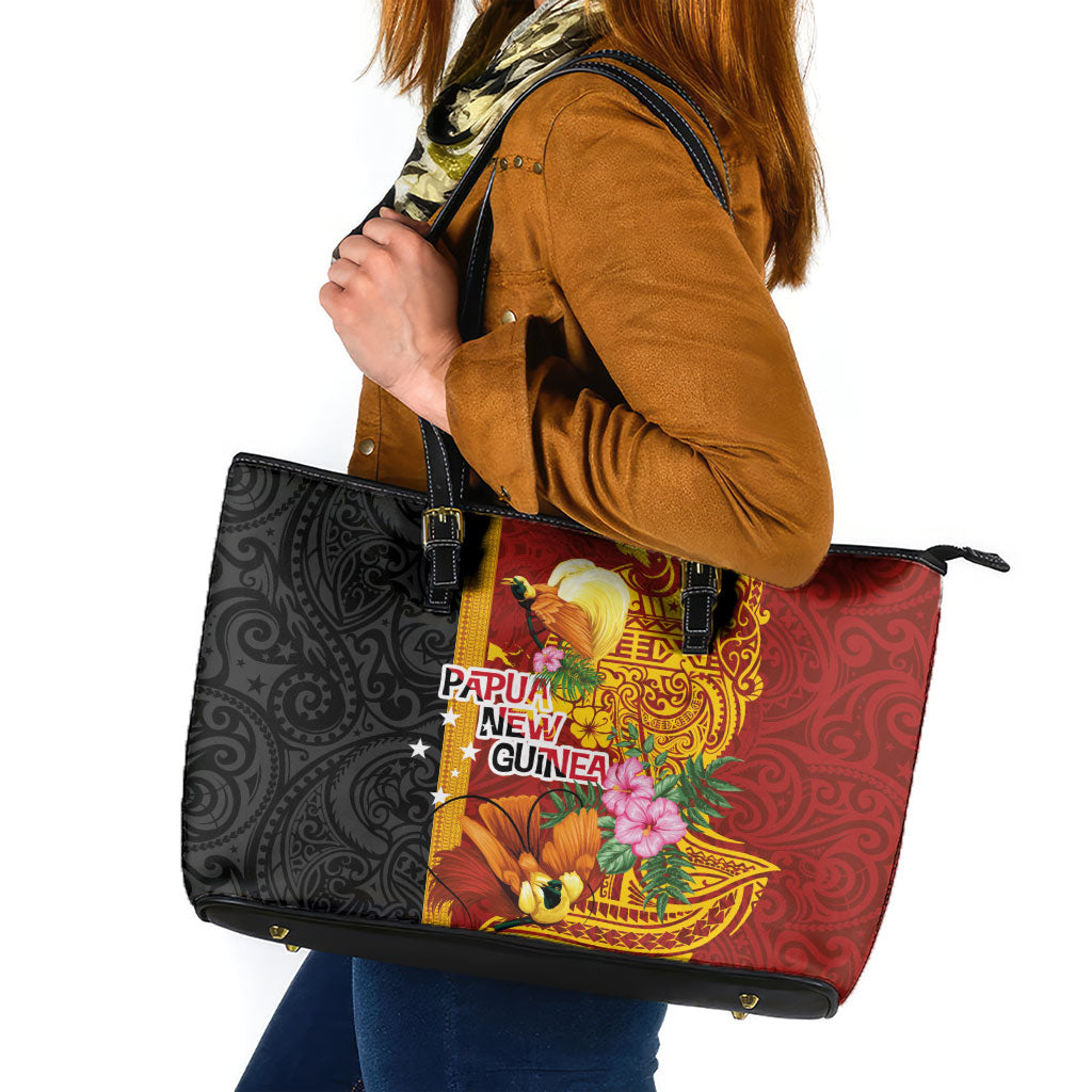 Papua New Guinea Independence Day Leather Tote Bag Birds-of-Paradise Melanesian Tattoos Tropical Plants