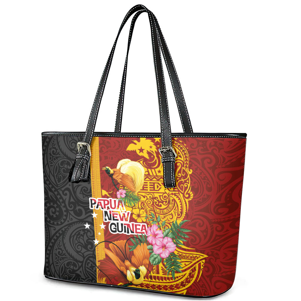 Papua New Guinea Independence Day Leather Tote Bag Birds-of-Paradise Melanesian Tattoos Tropical Plants