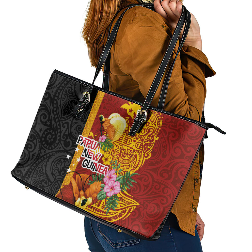 Papua New Guinea Independence Day Leather Tote Bag Birds-of-Paradise Melanesian Tattoos Tropical Plants