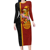 Papua New Guinea Independence Day Long Sleeve Bodycon Dress Birds-of-Paradise Melanesian Tattoos Tropical Plants