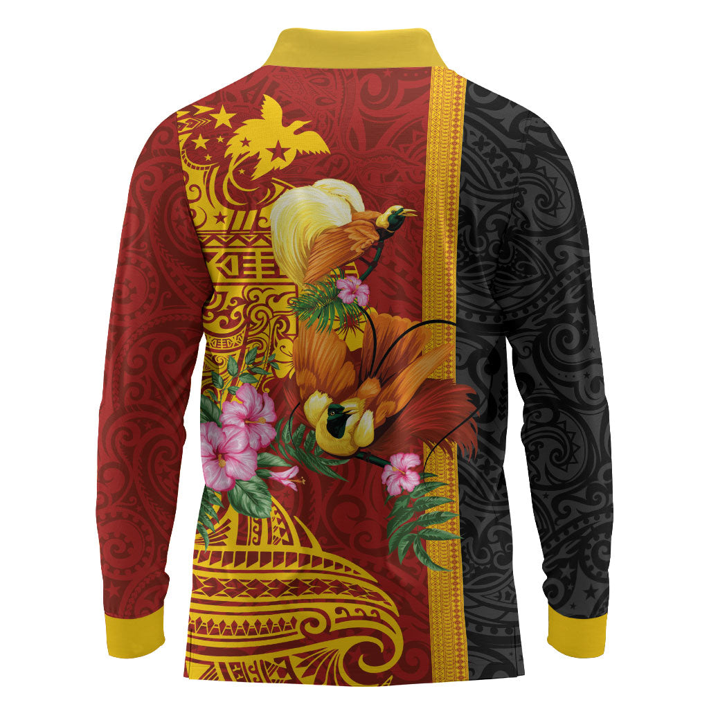 Papua New Guinea Independence Day Long Sleeve Polo Shirt Birds-of-Paradise Melanesian Tattoos Tropical Plants