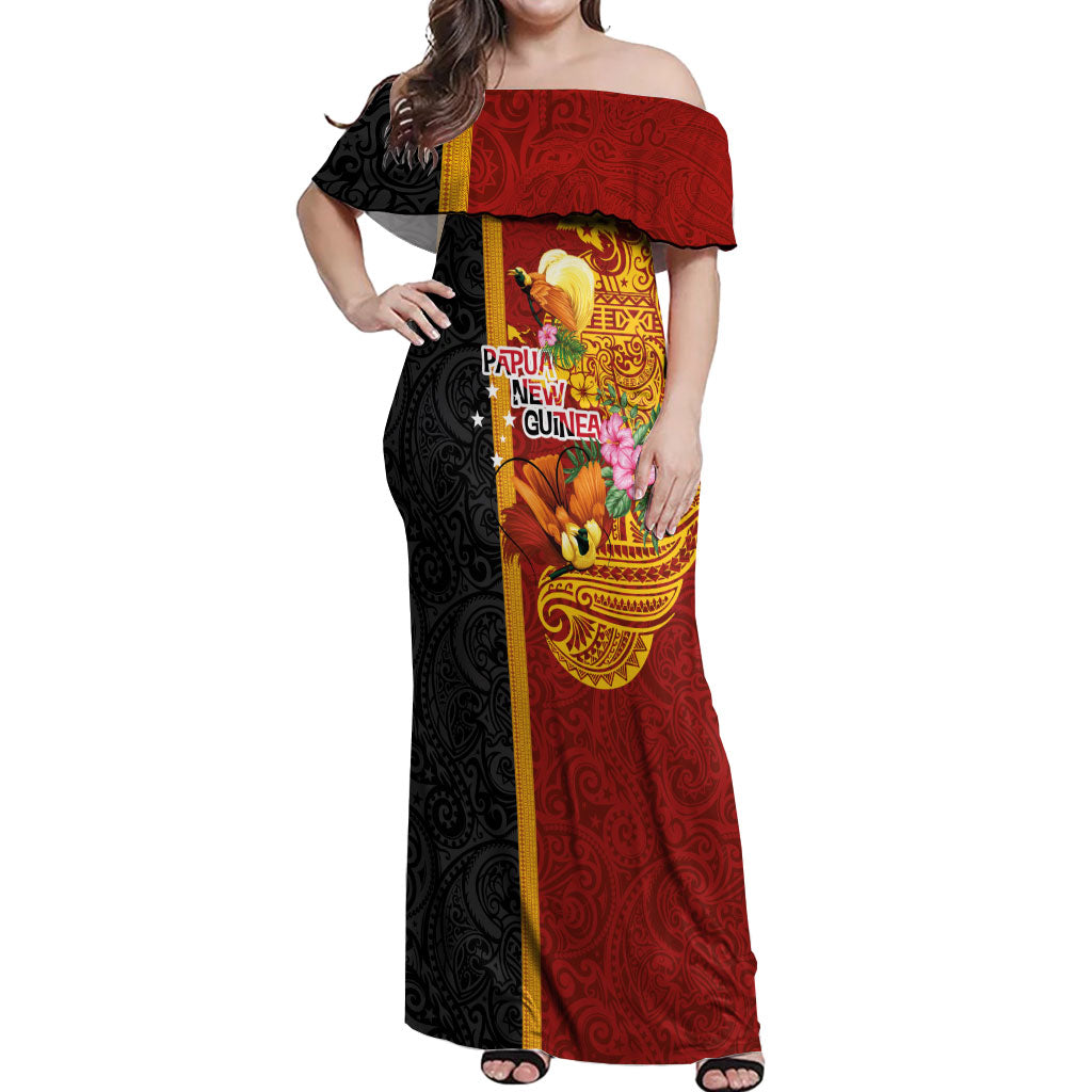 Papua New Guinea Independence Day Off Shoulder Maxi Dress Birds-of-Paradise Melanesian Tattoos Tropical Plants