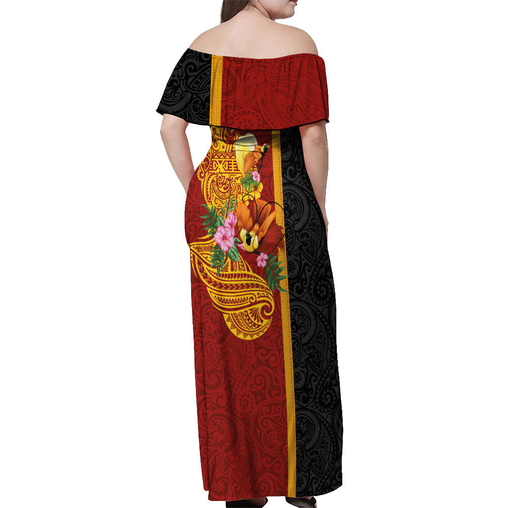 Papua New Guinea Independence Day Off Shoulder Maxi Dress Birds-of-Paradise Melanesian Tattoos Tropical Plants