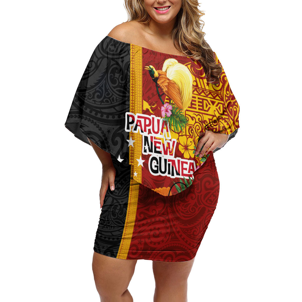 Papua New Guinea Independence Day Off Shoulder Short Dress Birds-of-Paradise Melanesian Tattoos Tropical Plants
