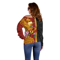 Papua New Guinea Independence Day Off Shoulder Sweater Birds-of-Paradise Melanesian Tattoos Tropical Plants