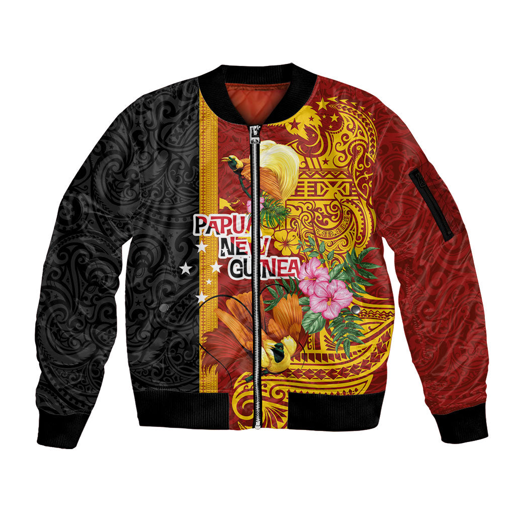 Papua New Guinea Independence Day Sleeve Zip Bomber Jacket Birds-of-Paradise Melanesian Tattoos Tropical Plants