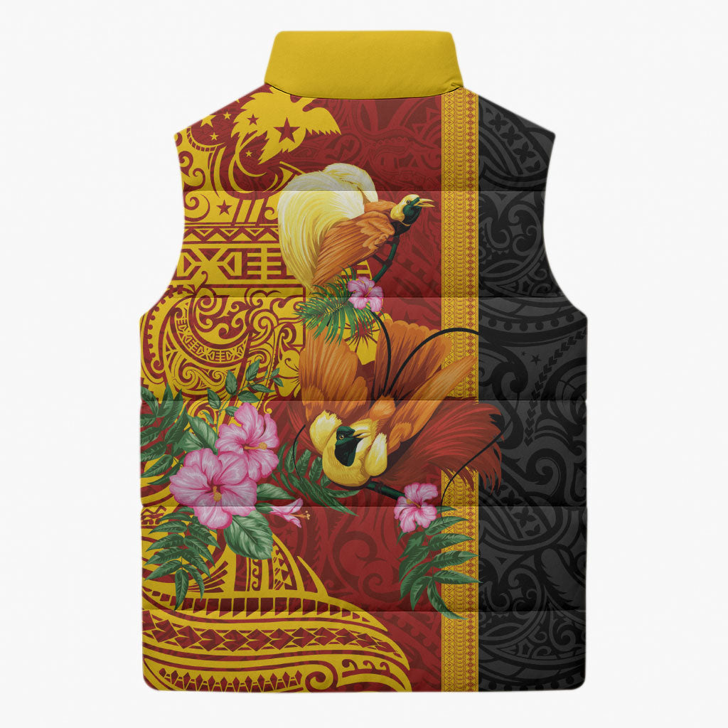 Papua New Guinea Independence Day Sleeveless Puffer Jacket Birds-of-Paradise Melanesian Tattoos Tropical Plants