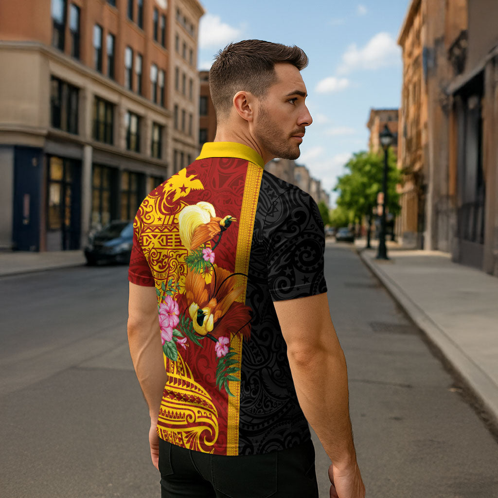 Papua New Guinea Independence Day Zipper Polo Shirt Birds-of-Paradise Melanesian Tattoos Tropical Plants