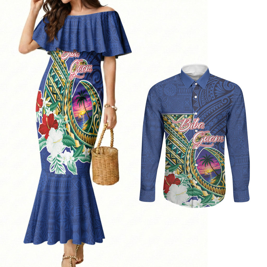 Guam Chamorro Couples Matching Mermaid Dress and Long Sleeve Button Shirt Tribal Latte Stone and Seal Artwork Polynesian Patterns