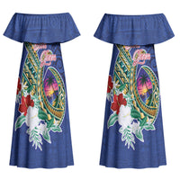 Guam Chamorro Couples Matching Off Shoulder Maxi Dress and Hawaiian Shirt Tribal Latte Stone and Seal Artwork Polynesian Patterns