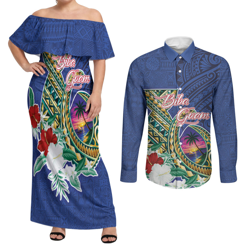 Guam Chamorro Couples Matching Off Shoulder Maxi Dress and Long Sleeve Button Shirt Tribal Latte Stone and Seal Artwork Polynesian Patterns