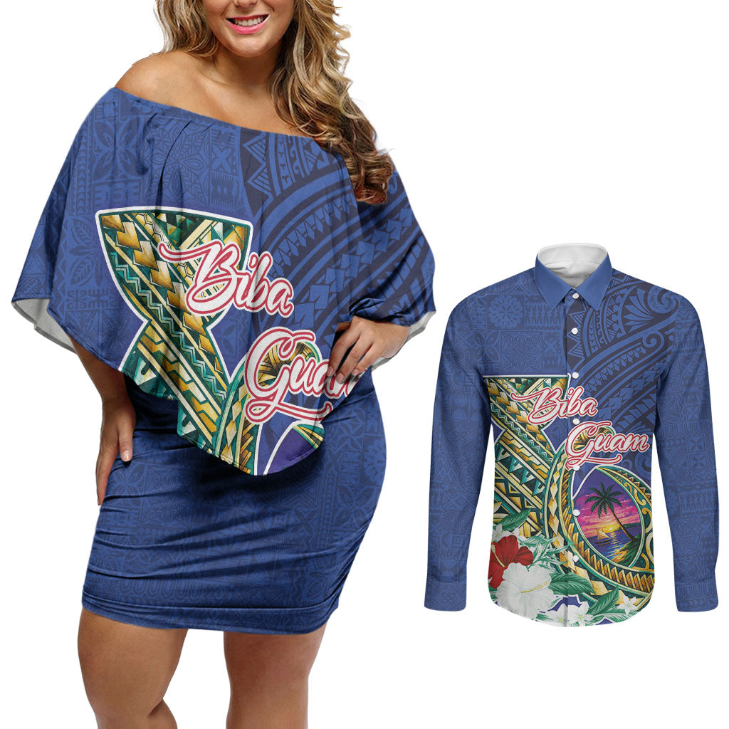 Guam Chamorro Couples Matching Off Shoulder Short Dress and Long Sleeve Button Shirt Tribal Latte Stone and Seal Artwork Polynesian Patterns