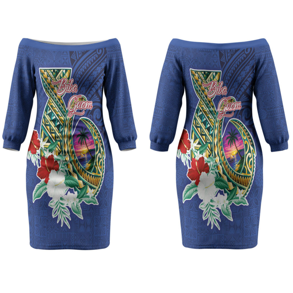 Guam Chamorro Couples Matching Off The Shoulder Long Sleeve Dress and Hawaiian Shirt Tribal Latte Stone and Seal Artwork Polynesian Patterns