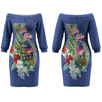 Guam Chamorro Couples Matching Off The Shoulder Long Sleeve Dress and Long Sleeve Button Shirt Tribal Latte Stone and Seal Artwork Polynesian Patterns