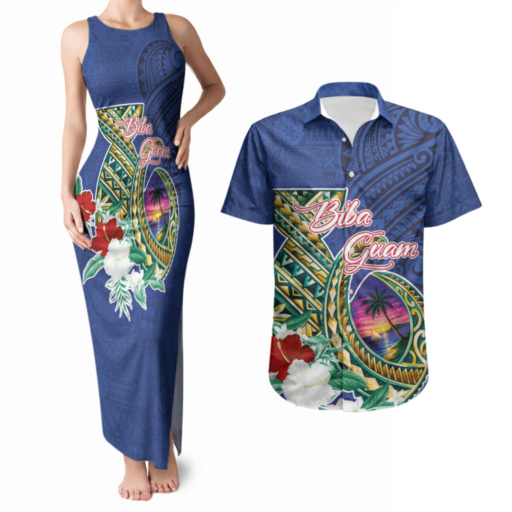 Guam Chamorro Couples Matching Tank Maxi Dress and Hawaiian Shirt Tribal Latte Stone and Seal Artwork Polynesian Patterns
