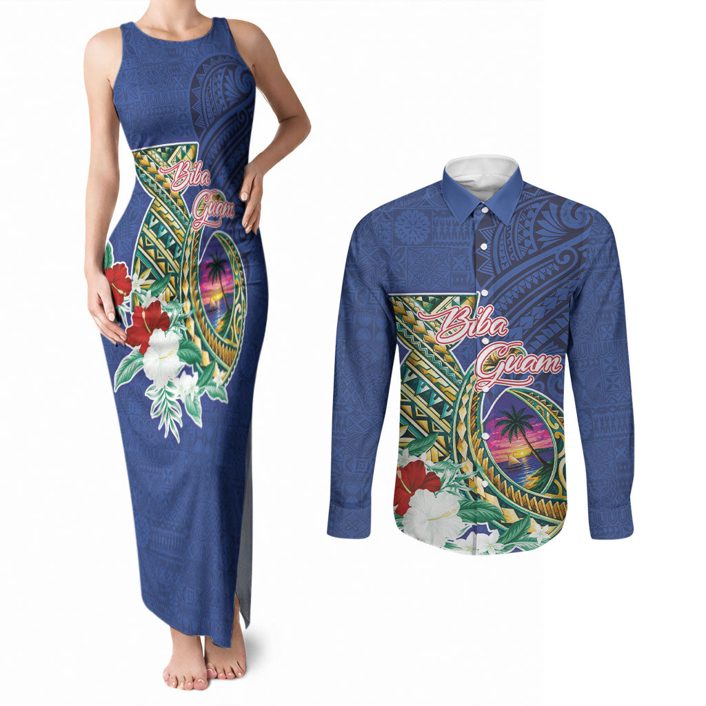 Guam Chamorro Couples Matching Tank Maxi Dress and Long Sleeve Button Shirt Tribal Latte Stone and Seal Artwork Polynesian Patterns
