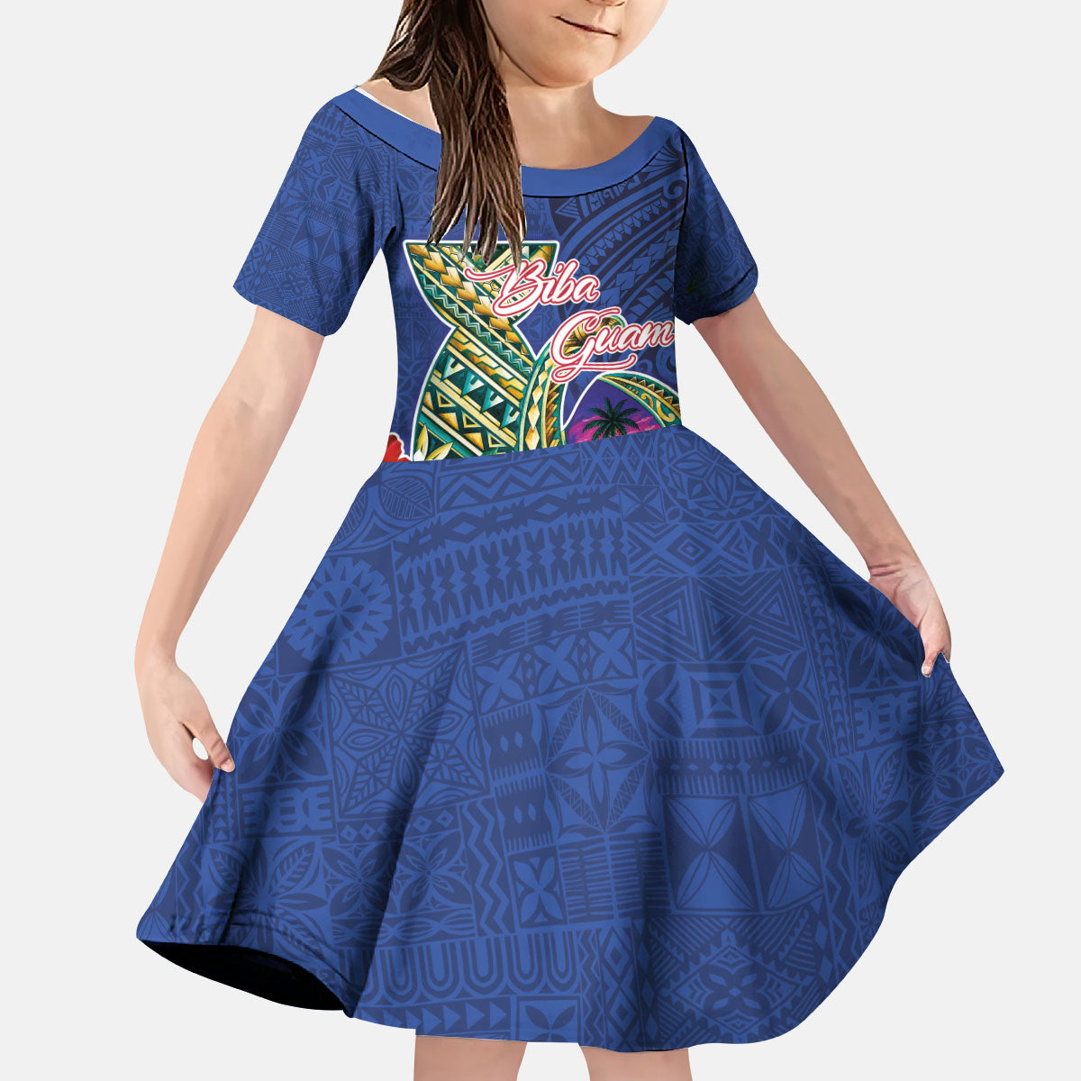Guam Chamorro Kid Short Sleeve Dress Tribal Latte Stone and Seal Artwork Polynesian Patterns