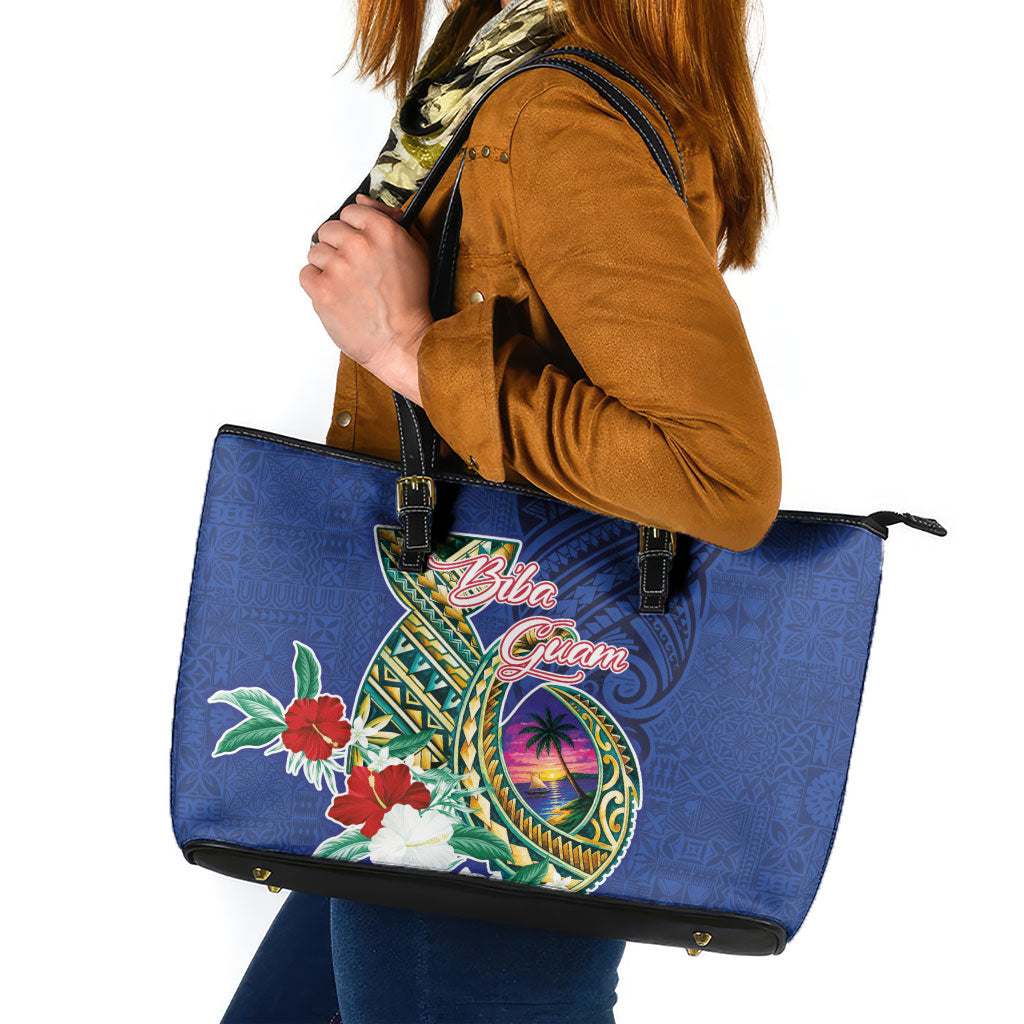 Guam Chamorro Leather Tote Bag Tribal Latte Stone and Seal Artwork Polynesian Patterns