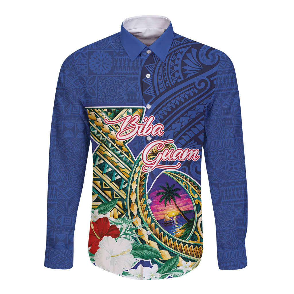 Guam Chamorro Long Sleeve Button Shirt Tribal Latte Stone and Seal Artwork Polynesian Patterns