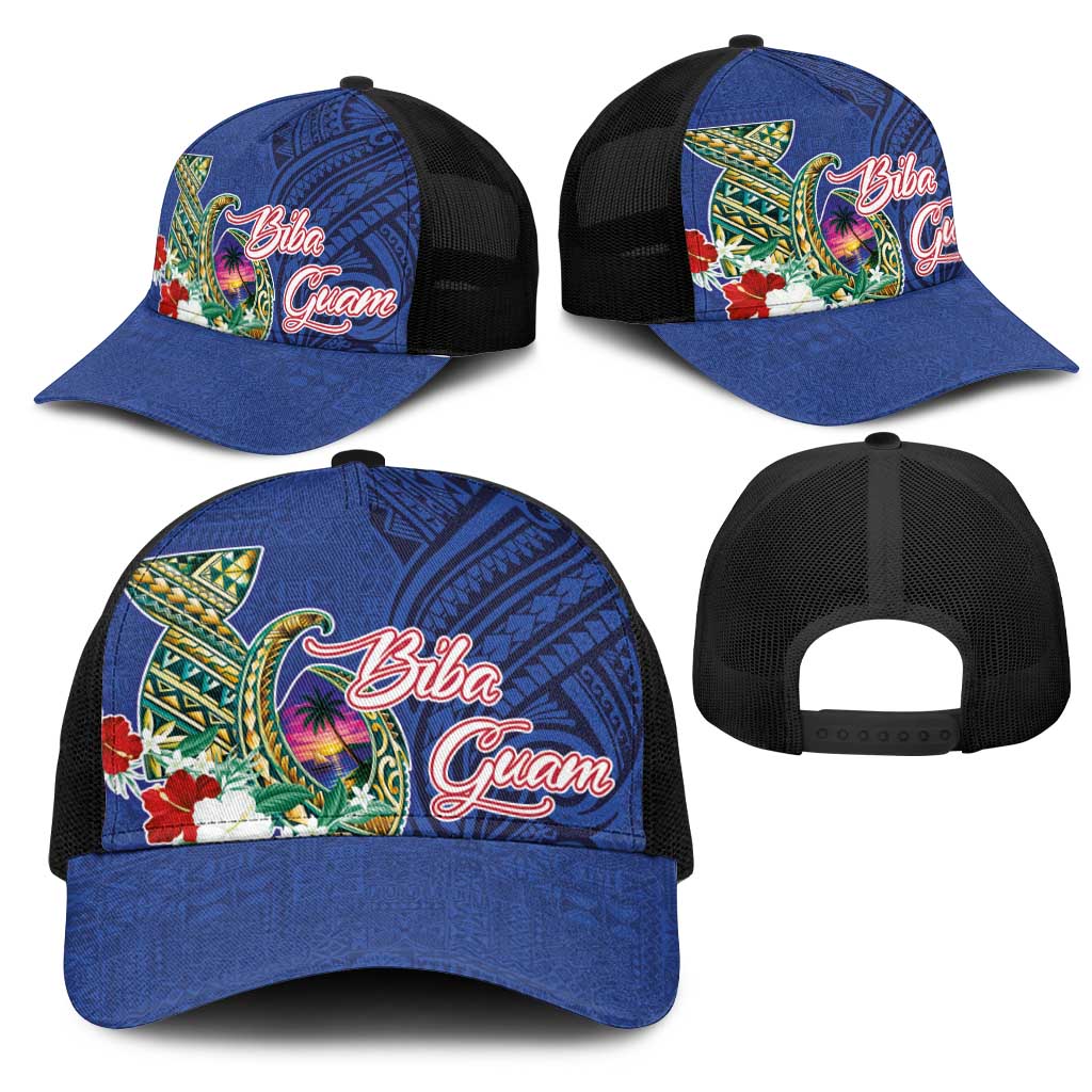 Guam Chamorro Mesh Trucker Cap Tribal Latte Stone and Seal Artwork Polynesian Patterns