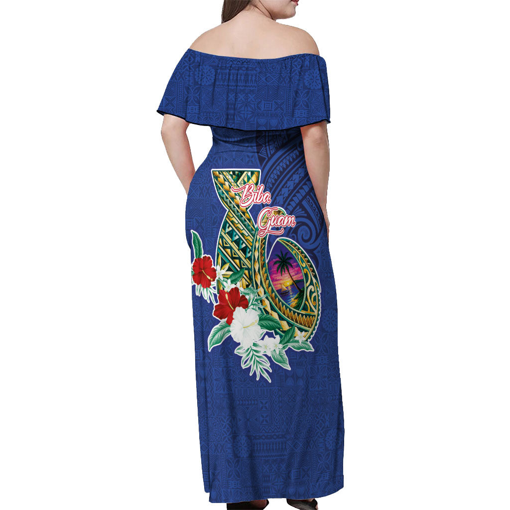 Guam Chamorro Off Shoulder Maxi Dress Tribal Latte Stone and Seal Artwork Polynesian Patterns