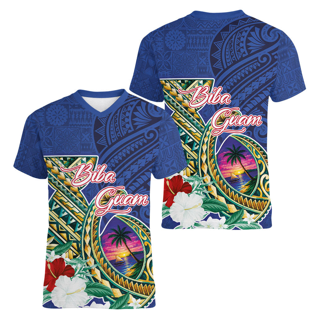 Guam Chamorro Women V-Neck T-Shirt Tribal Latte Stone and Seal Artwork Polynesian Patterns