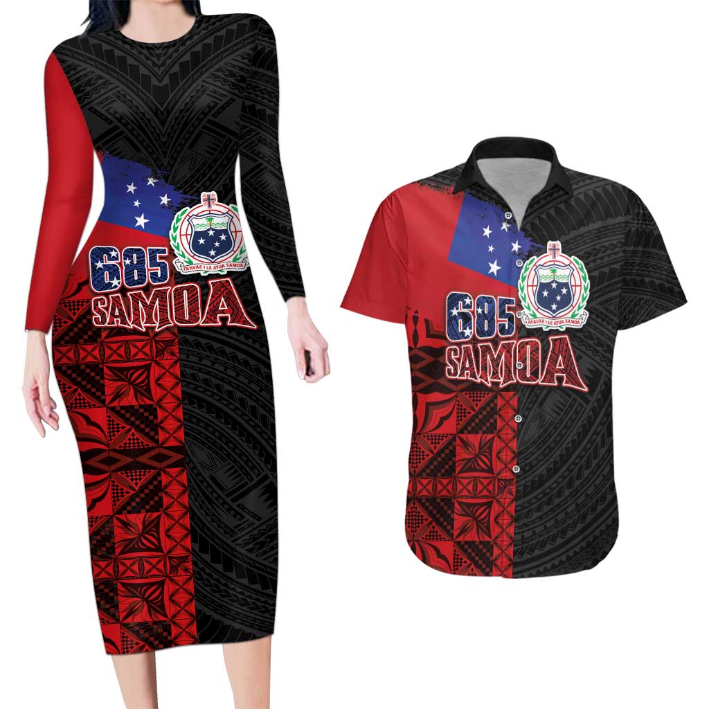 Personalised Samoa 685 Couples Matching Long Sleeve Bodycon Dress and Hawaiian Shirt Siapo Pattern and Samoa Flag Design