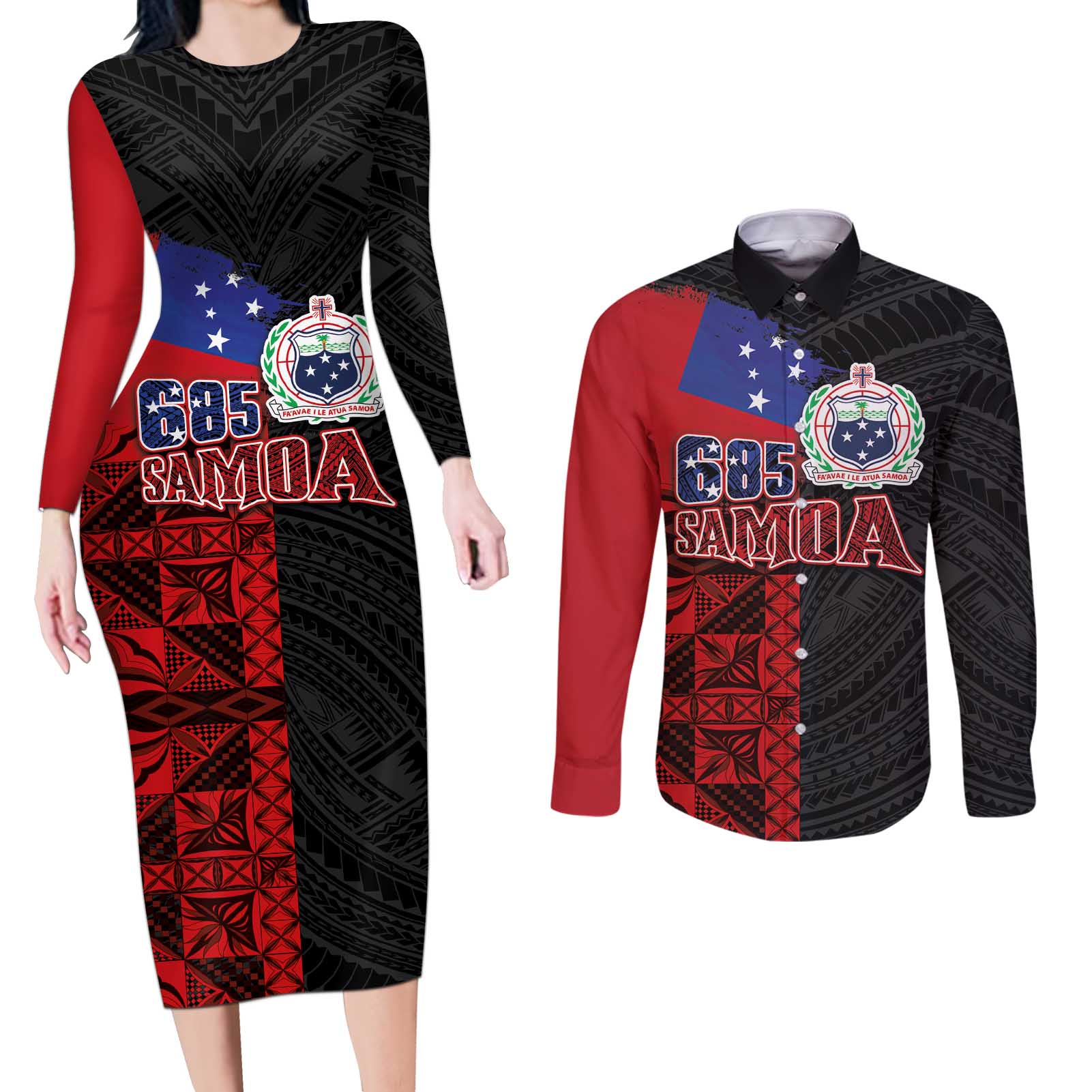 Personalised Samoa 685 Couples Matching Long Sleeve Bodycon Dress and Long Sleeve Button Shirt Siapo Pattern and Samoa Flag Design