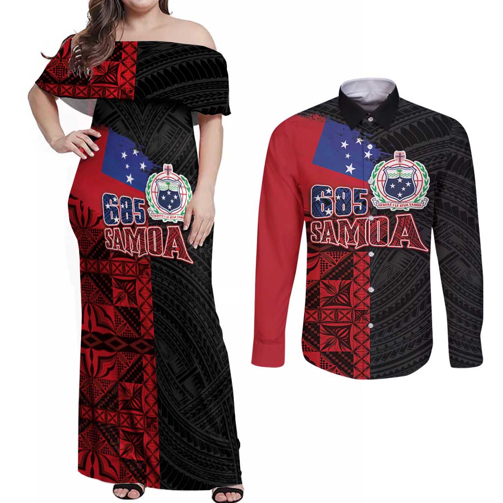 Personalised Samoa 685 Couples Matching Off Shoulder Maxi Dress and Long Sleeve Button Shirt Siapo Pattern and Samoa Flag Design