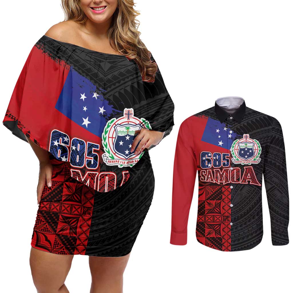 Personalised Samoa 685 Couples Matching Off Shoulder Short Dress and Long Sleeve Button Shirt Siapo Pattern and Samoa Flag Design