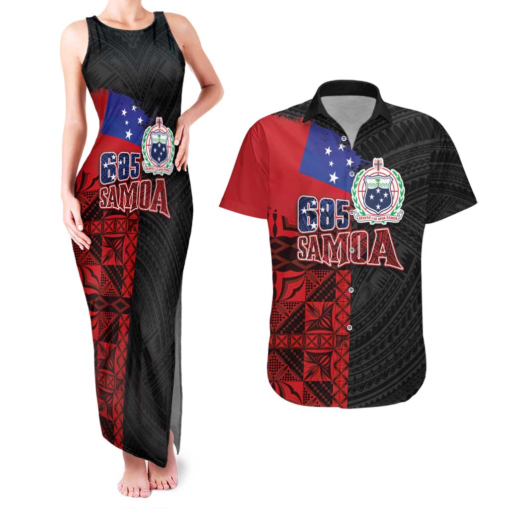 Personalised Samoa 685 Couples Matching Tank Maxi Dress and Hawaiian Shirt Siapo Pattern and Samoa Flag Design