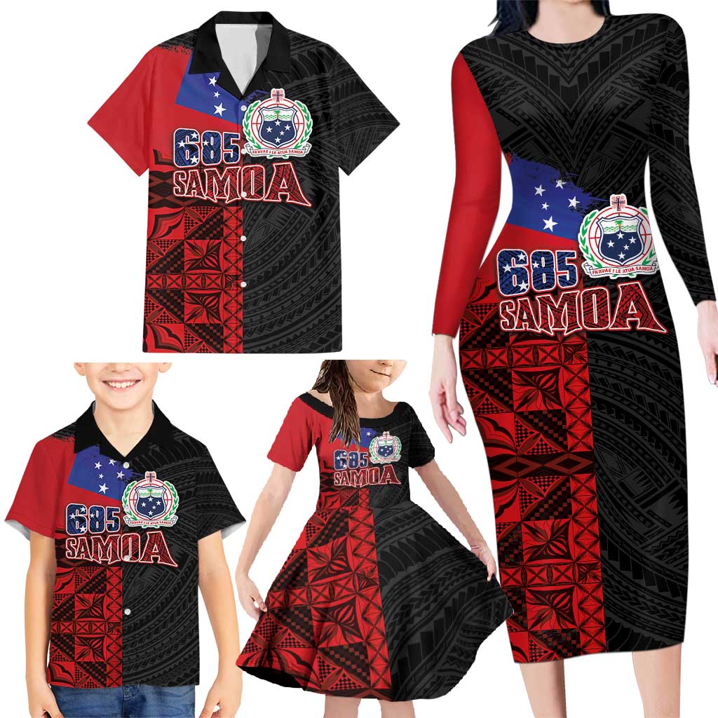 Personalised Samoa 685 Family Matching Long Sleeve Bodycon Dress and Hawaiian Shirt Siapo Pattern and Samoa Flag Design