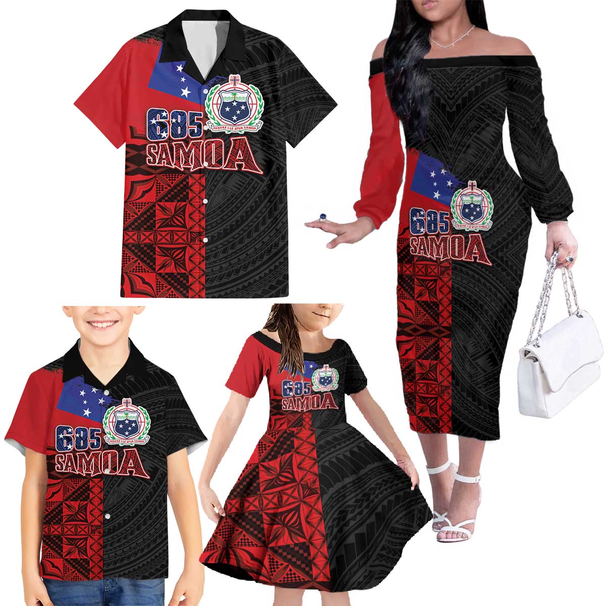 Personalised Samoa 685 Family Matching Off The Shoulder Long Sleeve Dress and Hawaiian Shirt Siapo Pattern and Samoa Flag Design