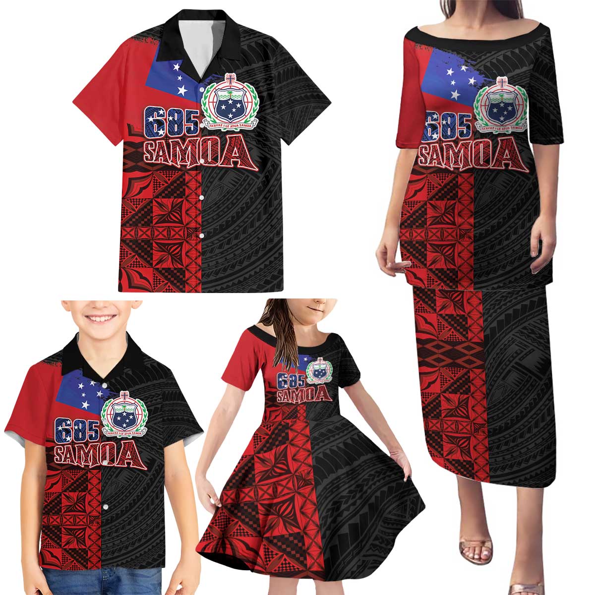 Personalised Samoa 685 Family Matching Puletasi and Hawaiian Shirt Siapo Pattern and Samoa Flag Design