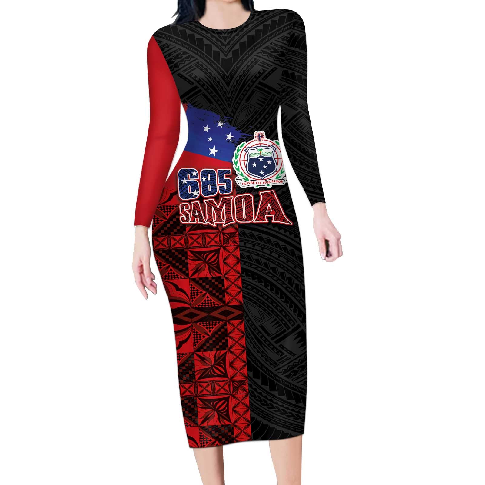 Personalised Samoa 685 Long Sleeve Bodycon Dress Siapo Pattern and Samoa Flag Design