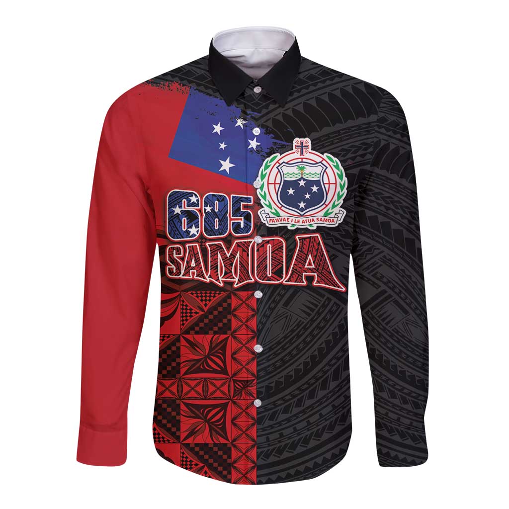 Personalised Samoa 685 Long Sleeve Button Shirt Siapo Pattern and Samoa Flag Design LT03 Unisex Black - Polynesian Pride