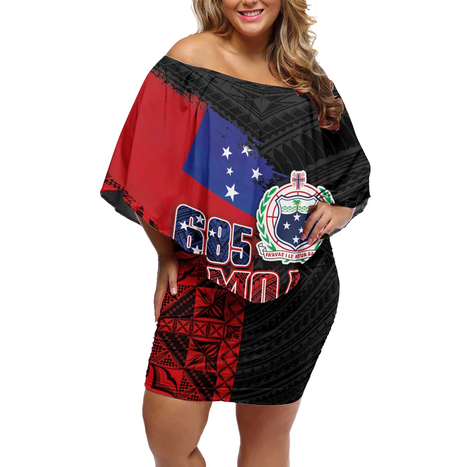 Personalised Samoa 685 Off Shoulder Short Dress Siapo Pattern and Samoa Flag Design